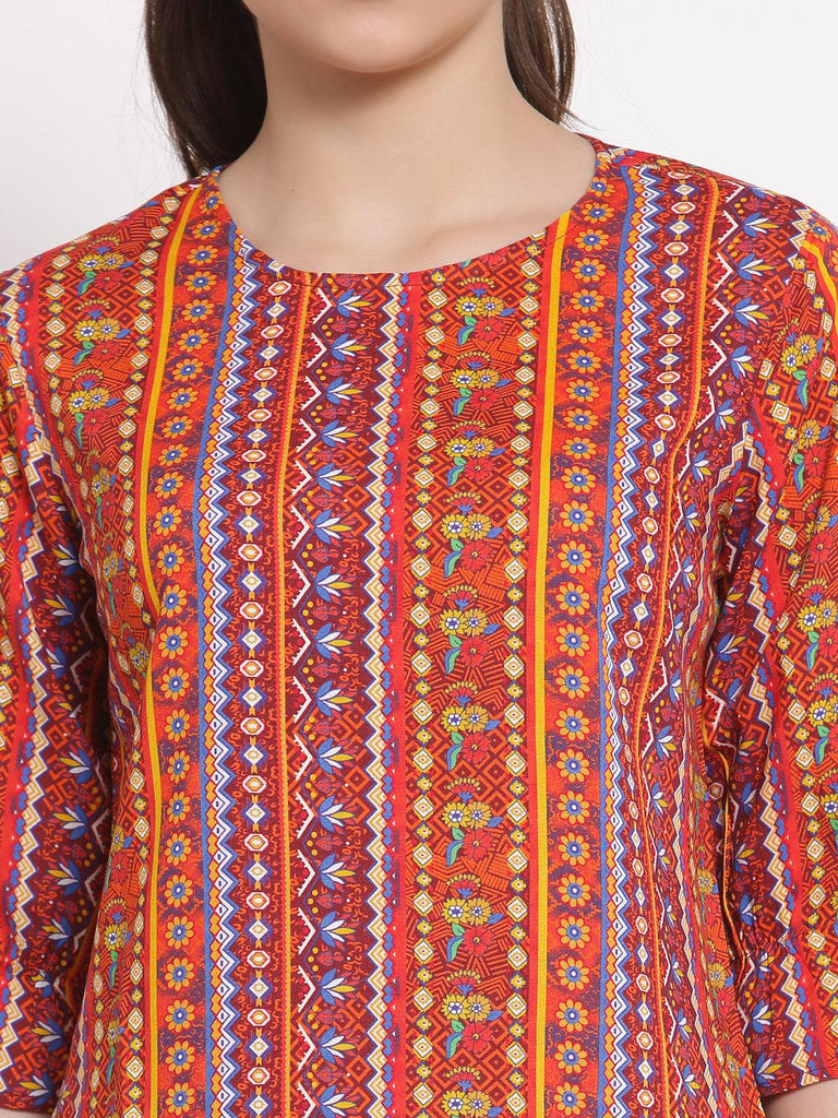 Style Quotient Women Orange And Multi Ethnic Printed Polyester Smart Casual Top-Tops-StyleQuotient