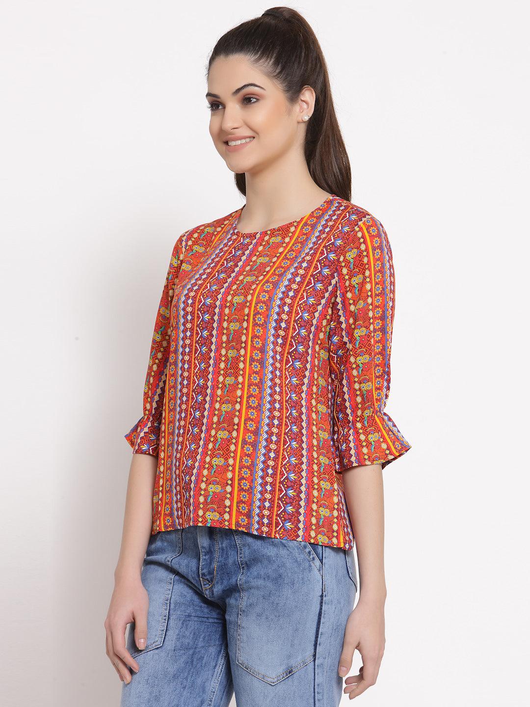 Style Quotient Women Orange And Multi Ethnic Printed Polyester Smart Casual Top-Tops-StyleQuotient