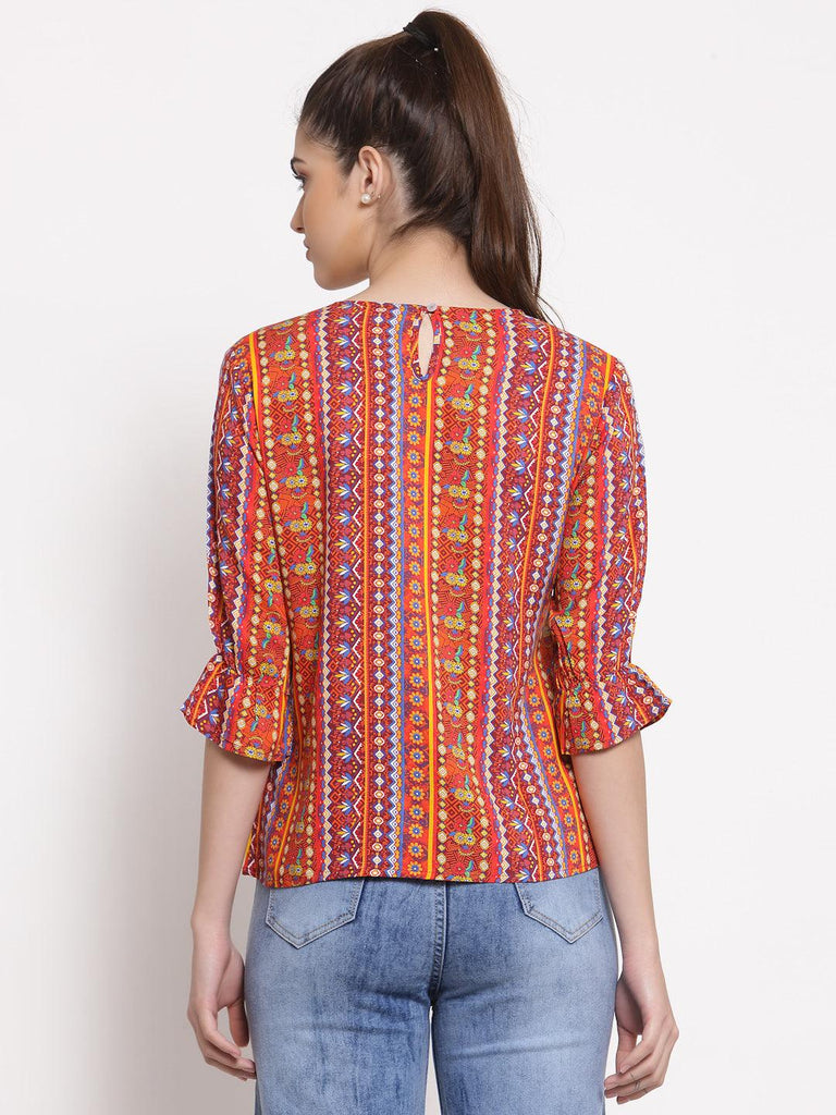 Style Quotient Women Orange And Multi Ethnic Printed Polyester Smart Casual Top-Tops-StyleQuotient