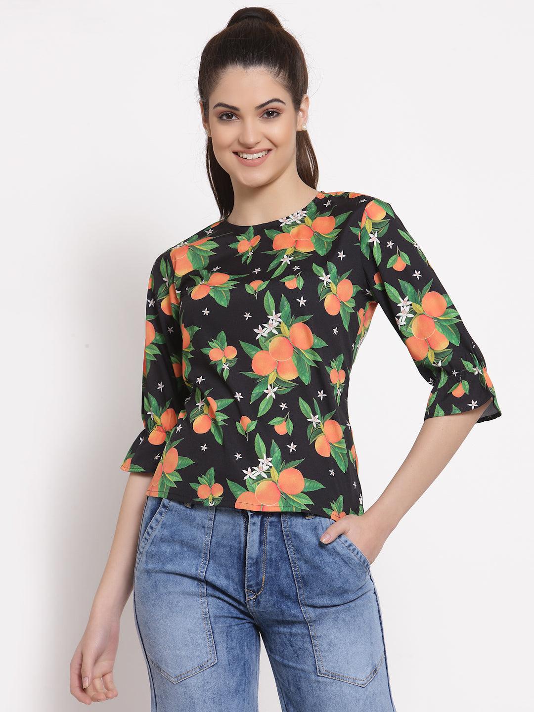 Style Quotient Women Black And Multi Tropical Printed Polycotton Smart Casual Top-Tops-StyleQuotient