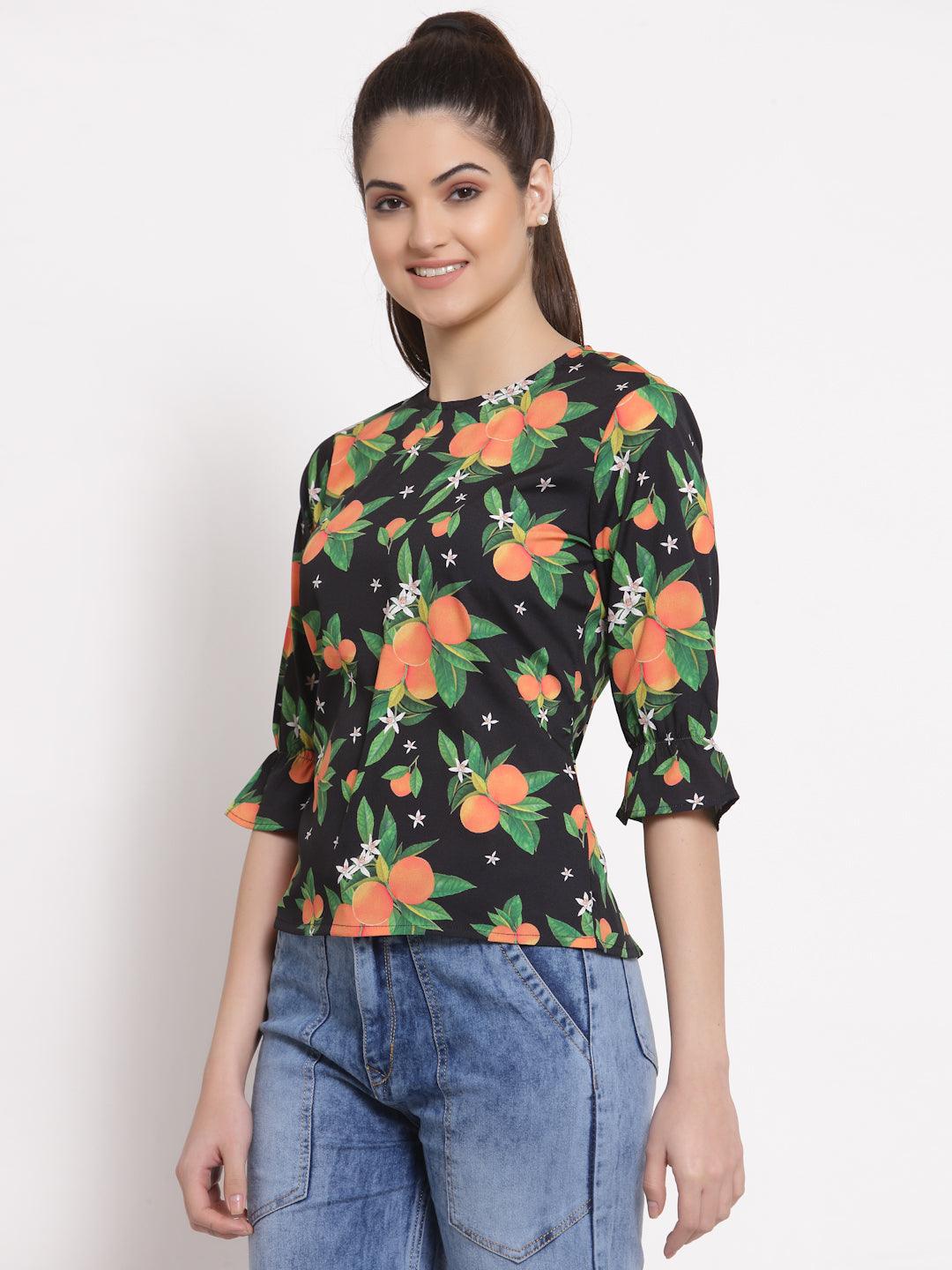 Style Quotient Women Black And Multi Tropical Printed Polycotton Smart Casual Top-Tops-StyleQuotient