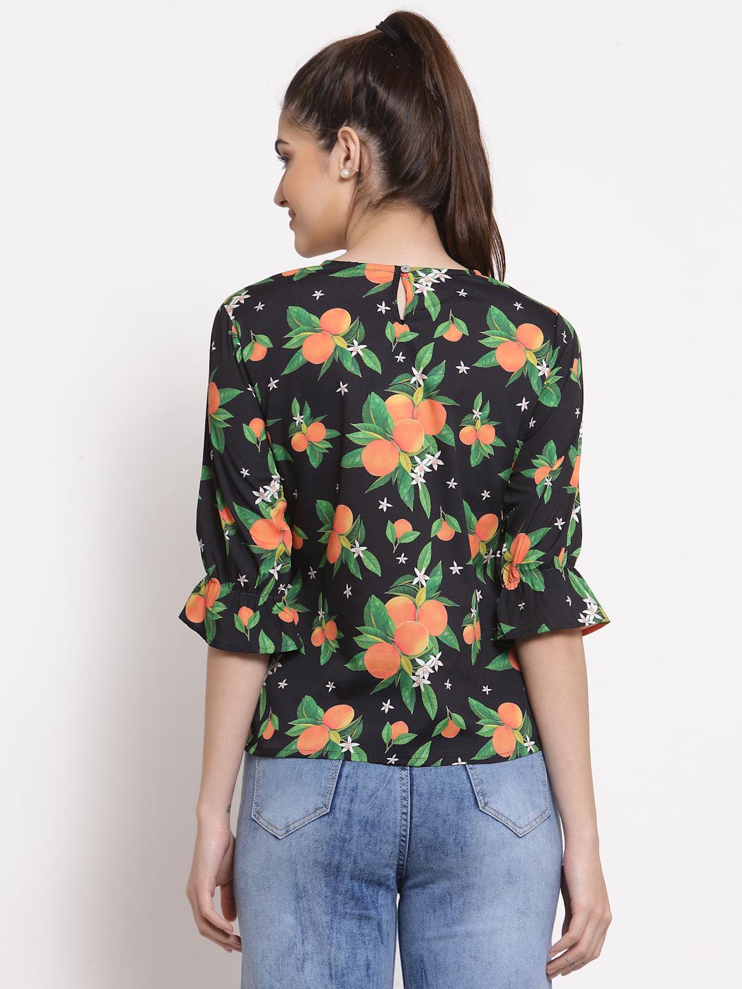 Style Quotient Women Black And Multi Tropical Printed Polycotton Smart Casual Top-Tops-StyleQuotient