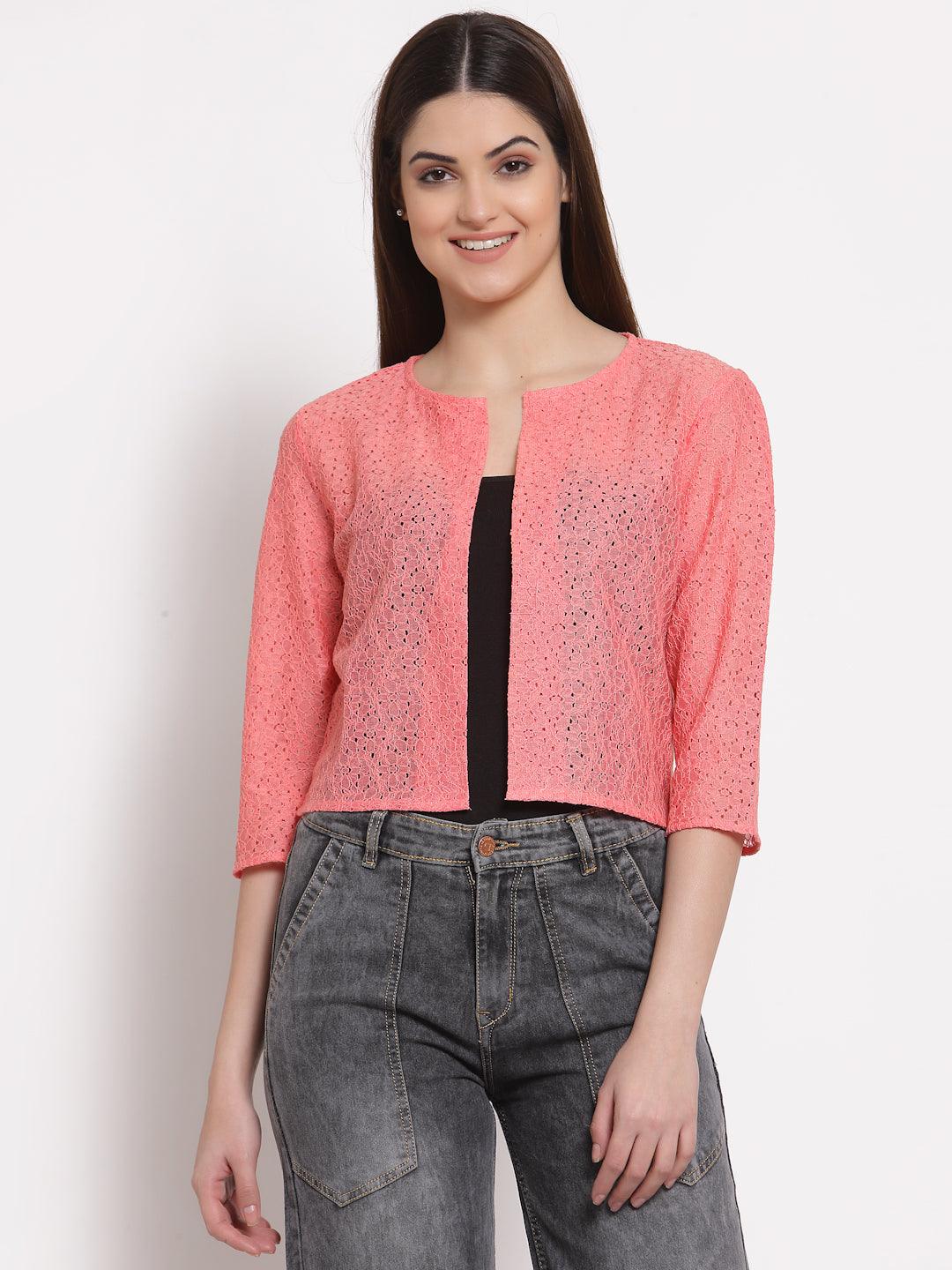 Style Quotient Women Coral Self Design Floral lace Regular Open Front Shrug-Shrug-StyleQuotient