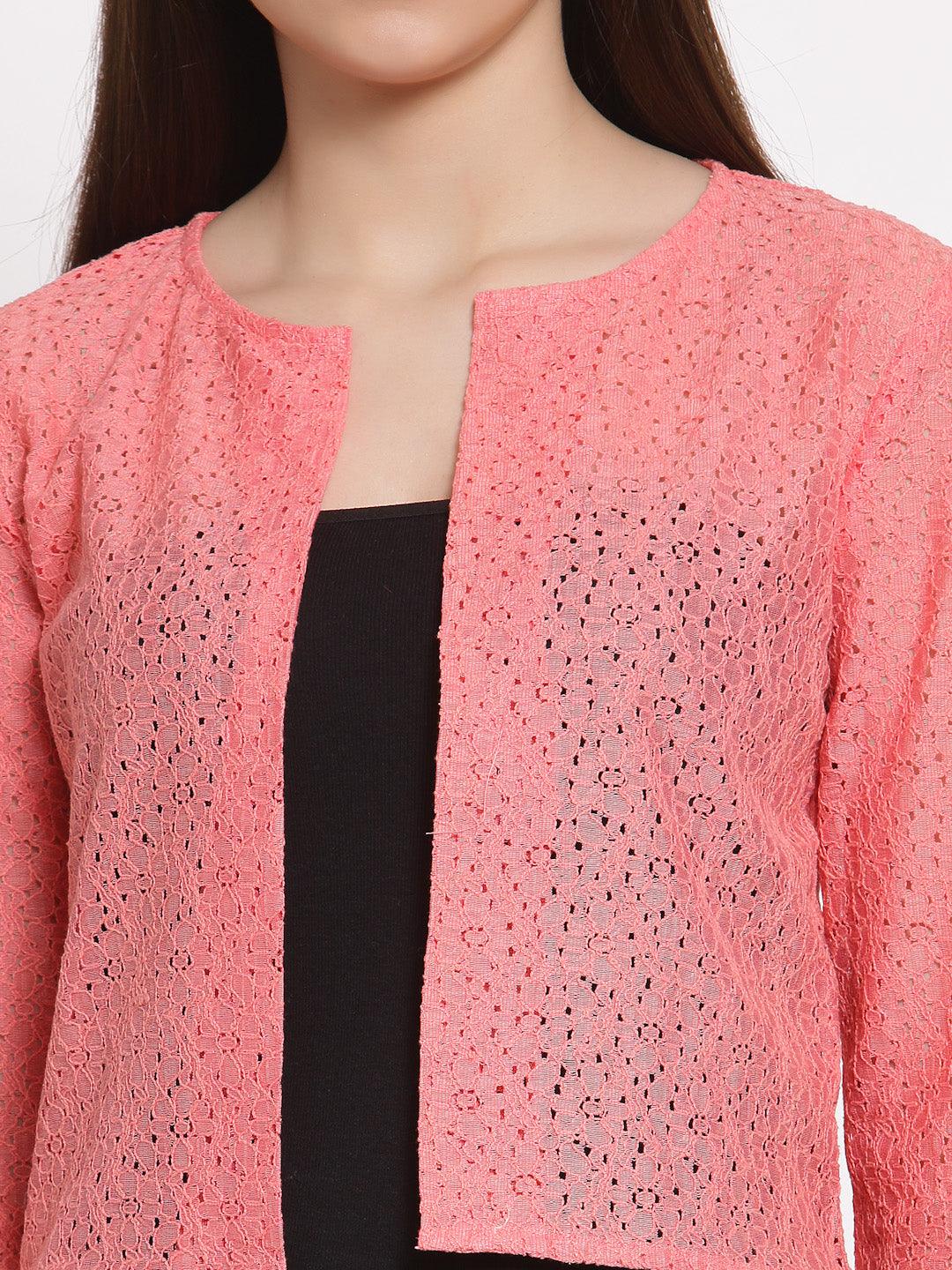 Style Quotient Women Coral Self Design Floral lace Regular Open Front Shrug-Shrug-StyleQuotient