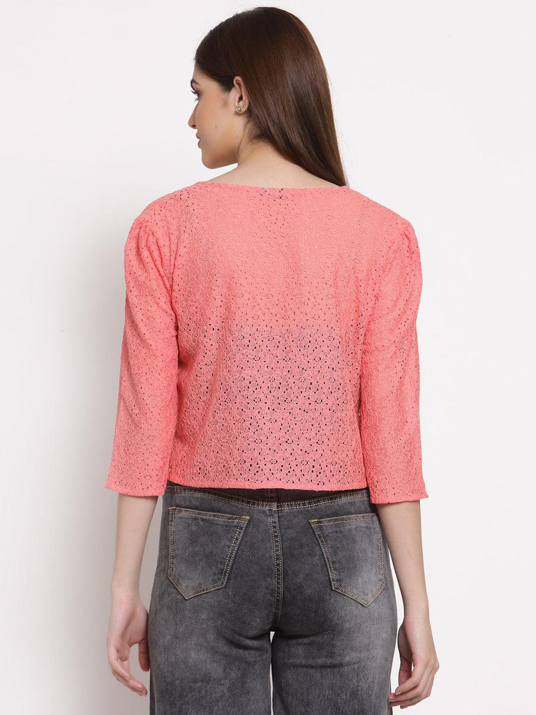 Style Quotient Women Coral Self Design Floral lace Regular Open Front Shrug-Shrug-StyleQuotient