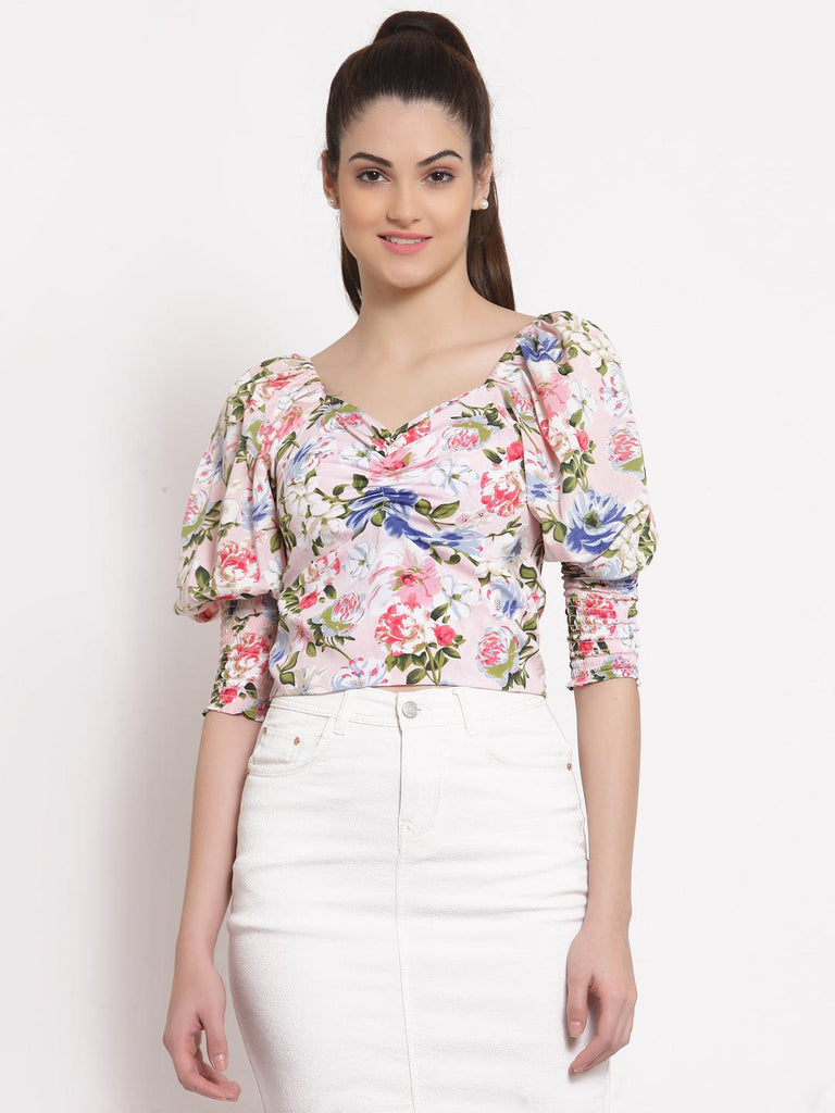 Style Quotient White Pink Floral Printed Crepe Fitted Top-Tops-StyleQuotient