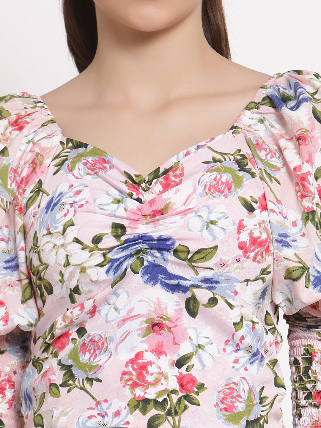 Style Quotient White Pink Floral Printed Crepe Fitted Top-Tops-StyleQuotient