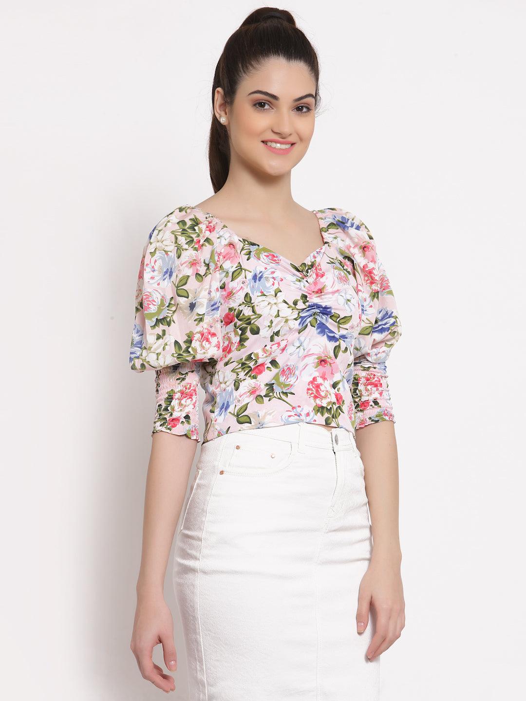 Style Quotient White Pink Floral Printed Crepe Fitted Top-Tops-StyleQuotient