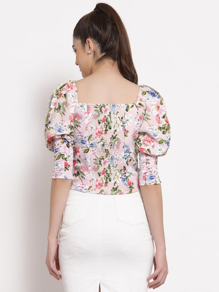 Style Quotient White Pink Floral Printed Crepe Fitted Top-Tops-StyleQuotient
