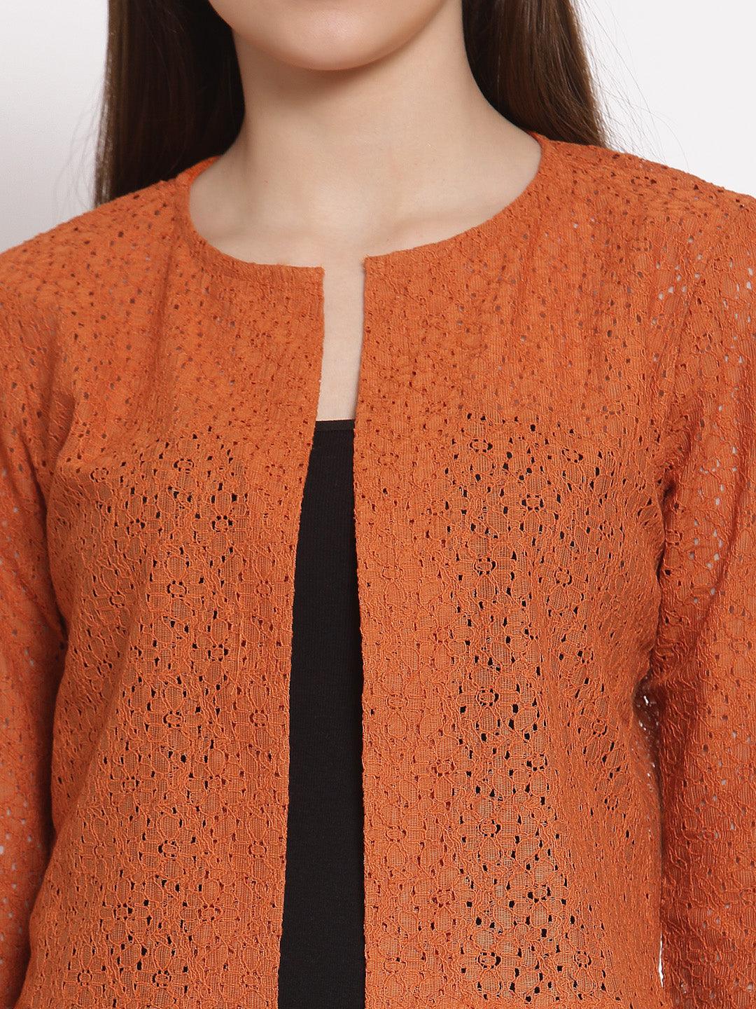 Style Quotient Women Rust Self Design Floral lace Regular Open Front Shrug-Shrug-StyleQuotient