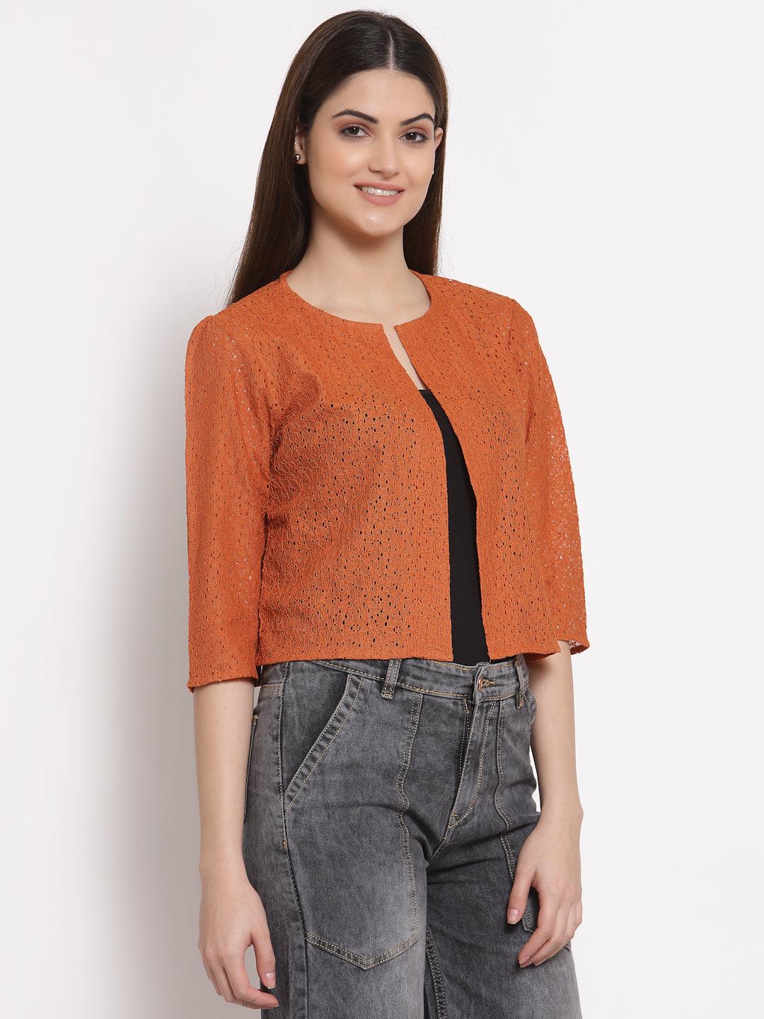 Style Quotient Women Rust Self Design Floral lace Regular Open Front Shrug-Shrug-StyleQuotient