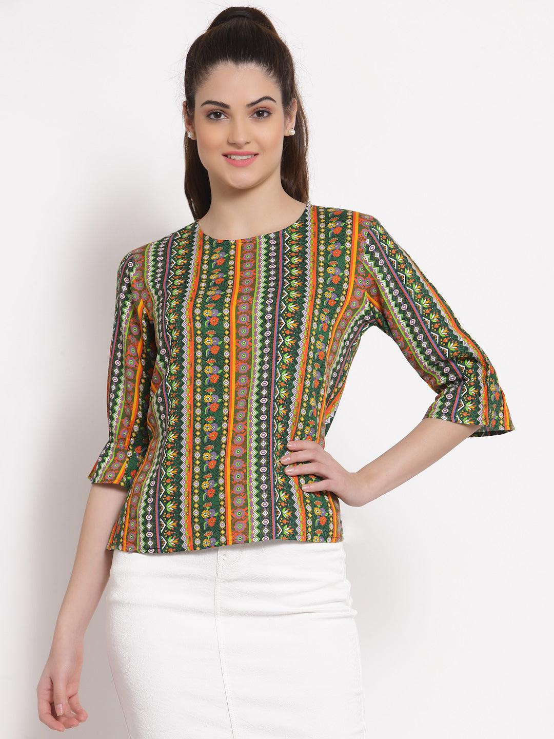 Style Quotient Women Olive And Multi Ethnic Printed Polyester Smart Casual Top-Tops-StyleQuotient