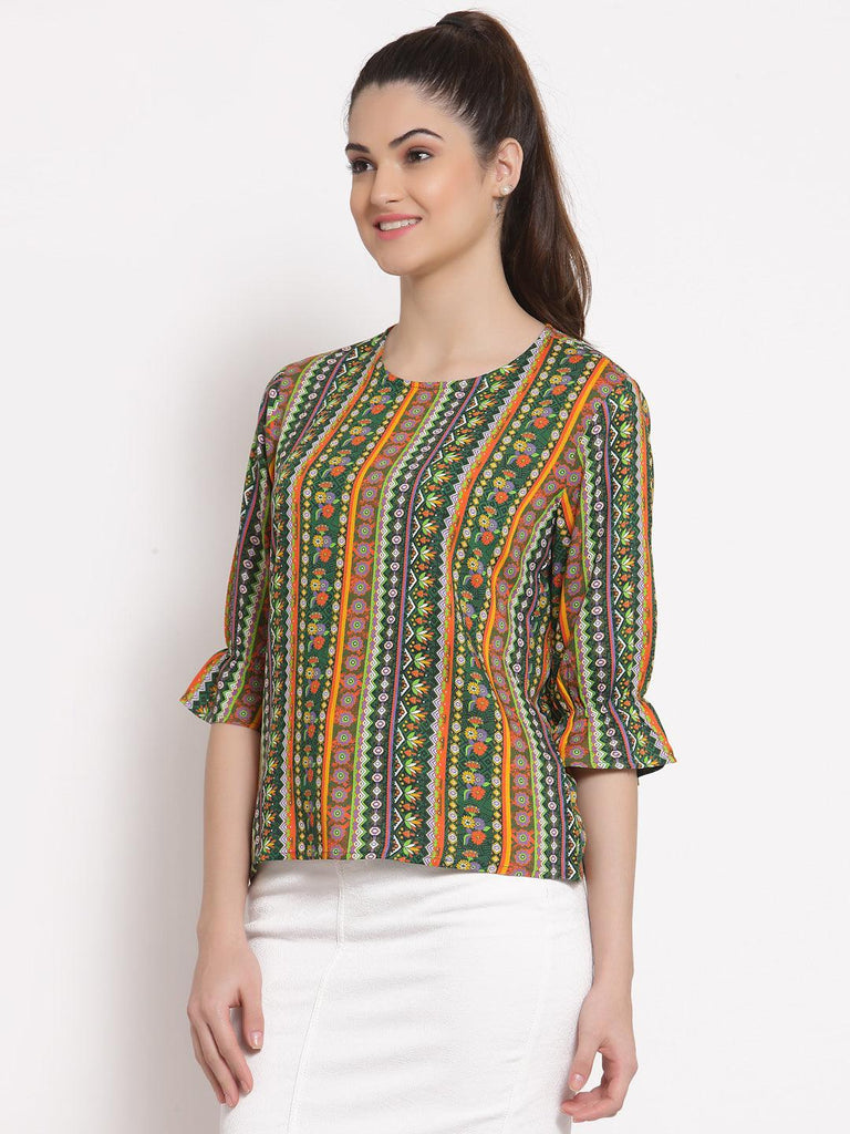 Style Quotient Women Olive And Multi Ethnic Printed Polyester Smart Casual Top-Tops-StyleQuotient