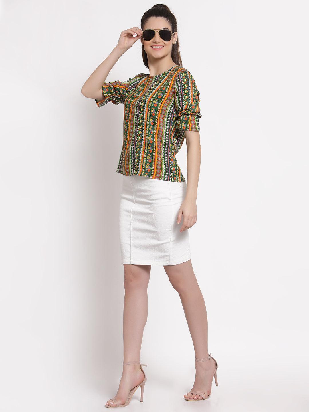 Style Quotient Women Olive And Multi Ethnic Printed Polyester Smart Casual Top-Tops-StyleQuotient