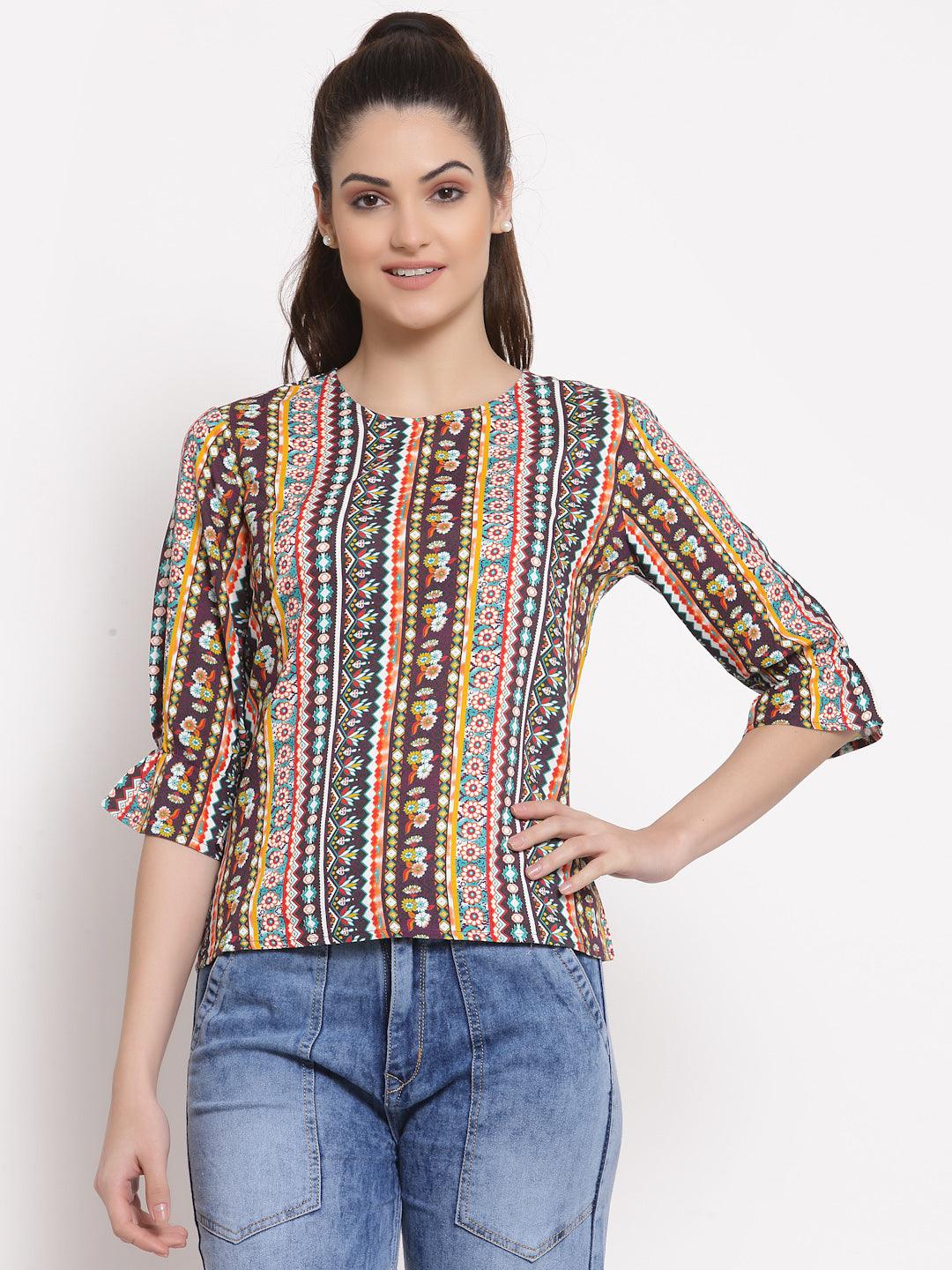 Style Quotient Women Purple And Multi Ethnic Printed Polyester Smart Casual Top-Tops-StyleQuotient