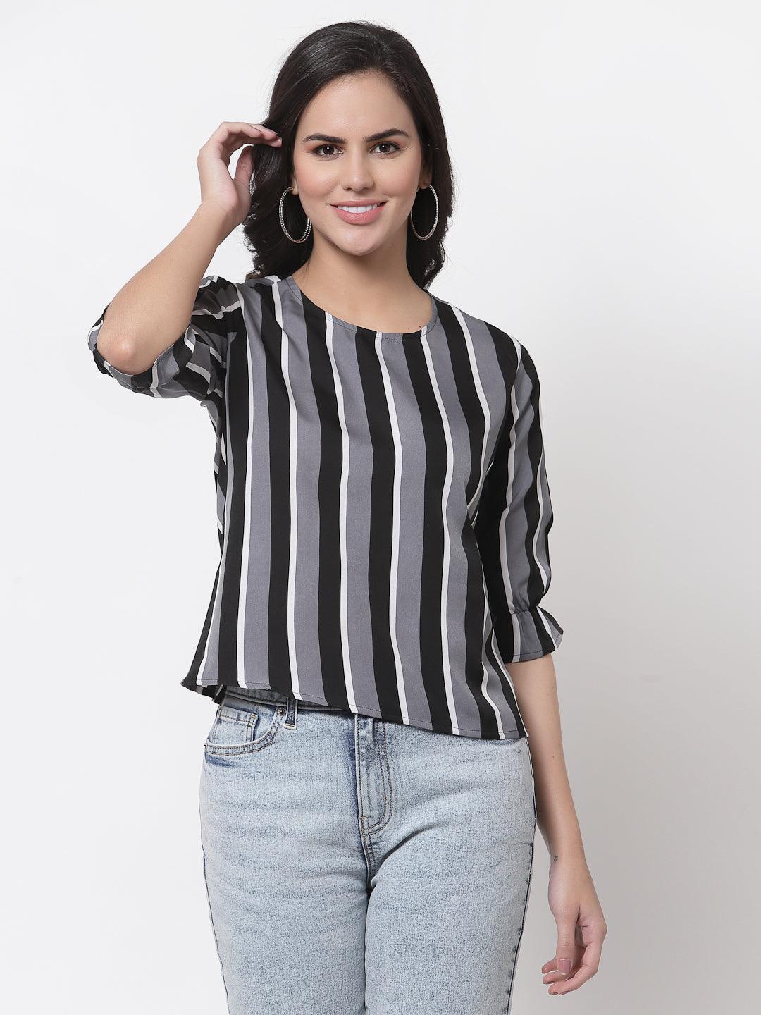 Style Quotient Women Black and Multi Stripe Printed Polyester Smart Casual Top-Tops-StyleQuotient