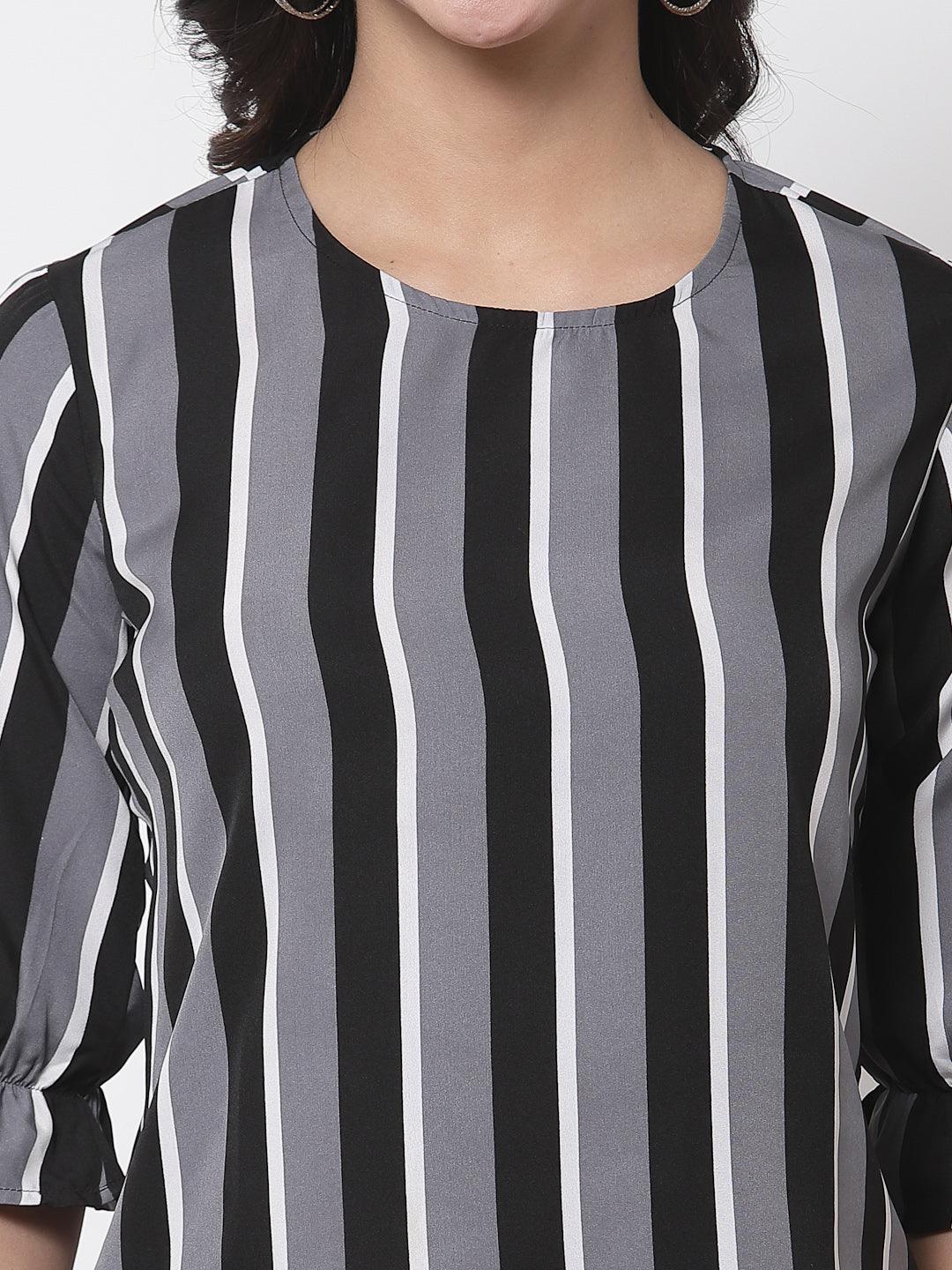 Style Quotient Women Black and Multi Stripe Printed Polyester Smart Casual Top-Tops-StyleQuotient