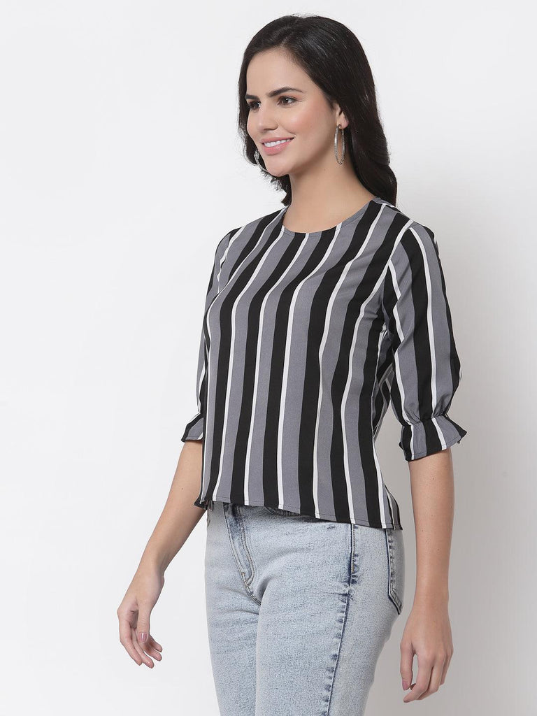 Style Quotient Women Black and Multi Stripe Printed Polyester Smart Casual Top-Tops-StyleQuotient
