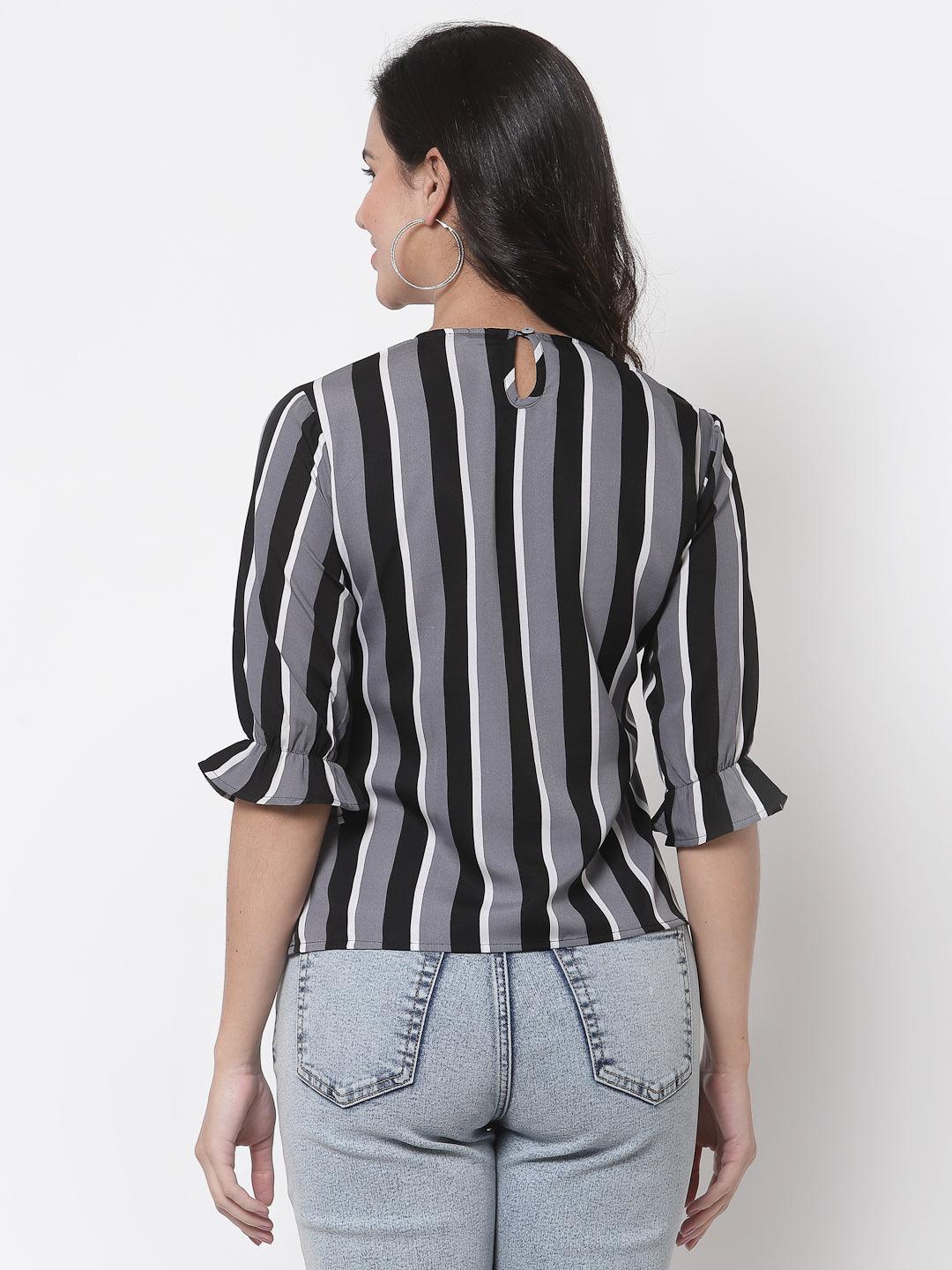 Style Quotient Women Black and Multi Stripe Printed Polyester Smart Casual Top-Tops-StyleQuotient