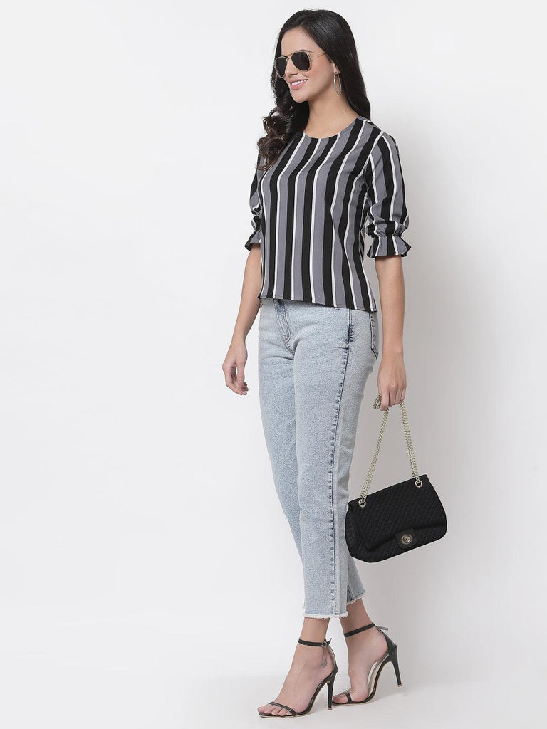 Style Quotient Women Black and Multi Stripe Printed Polyester Smart Casual Top-Tops-StyleQuotient