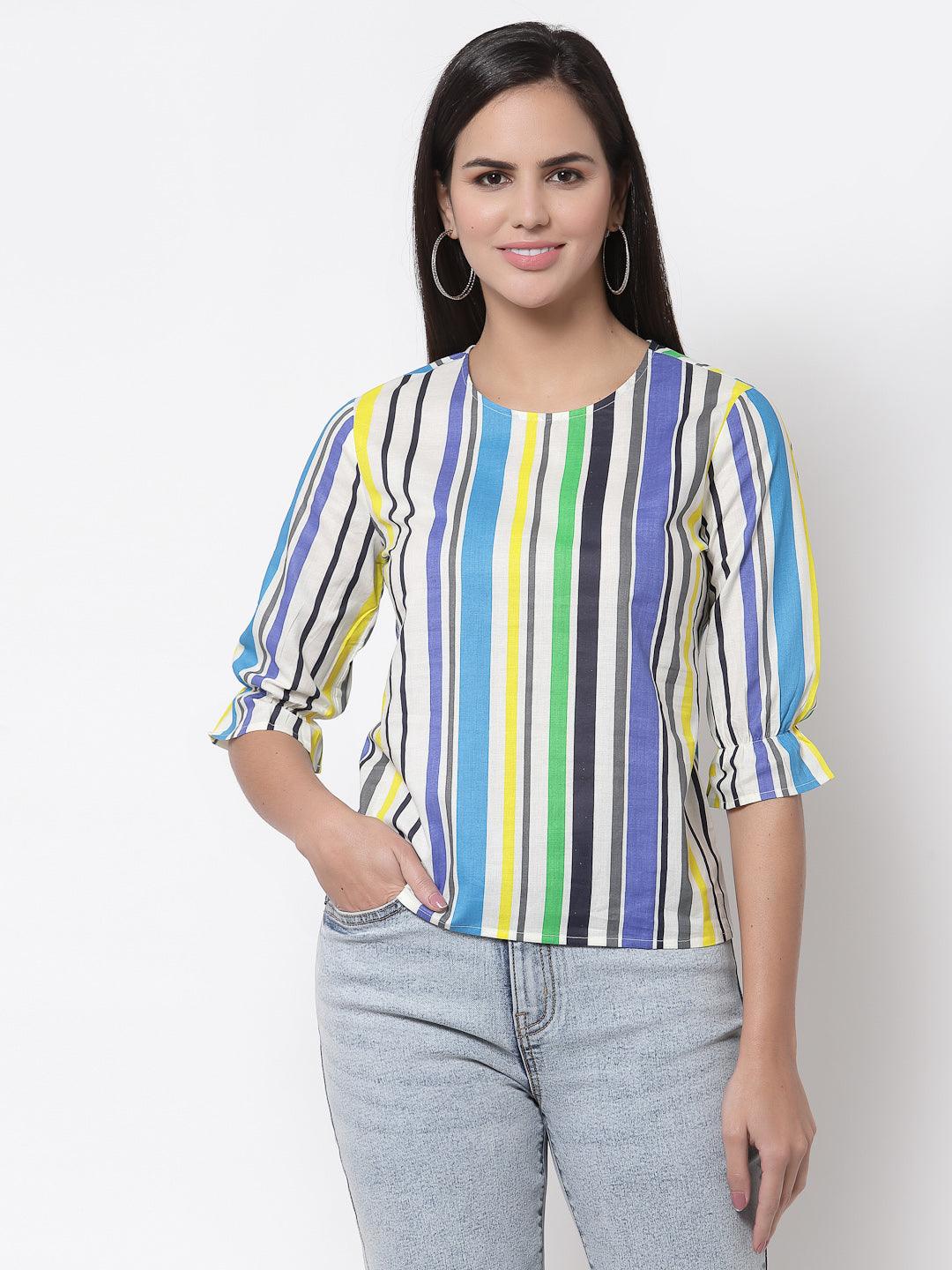 Style Quotient Women White And Multi Stripe Printed Polyester Smart Casual Top-Tops-StyleQuotient