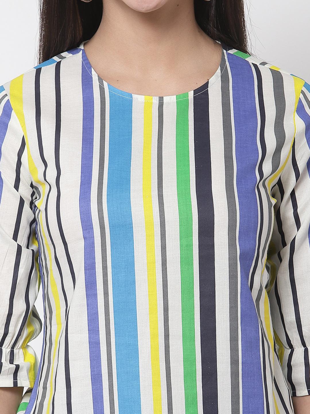 Style Quotient Women White And Multi Stripe Printed Polyester Smart Casual Top-Tops-StyleQuotient