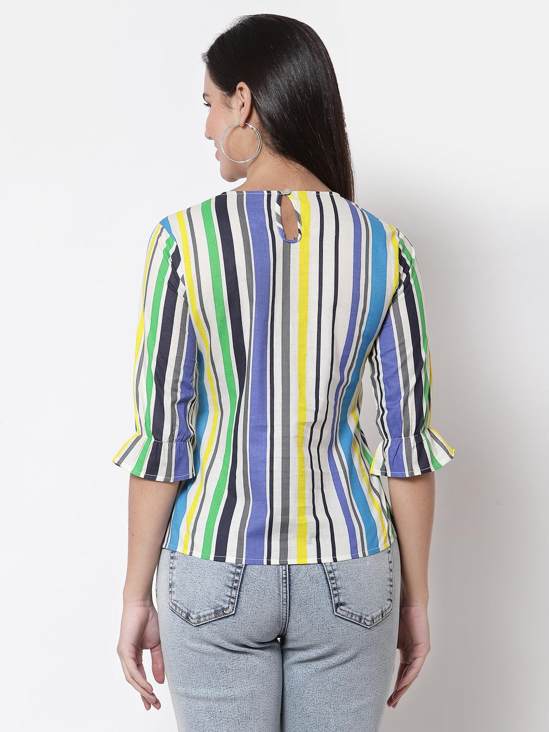 Style Quotient Women White And Multi Stripe Printed Polyester Smart Casual Top-Tops-StyleQuotient