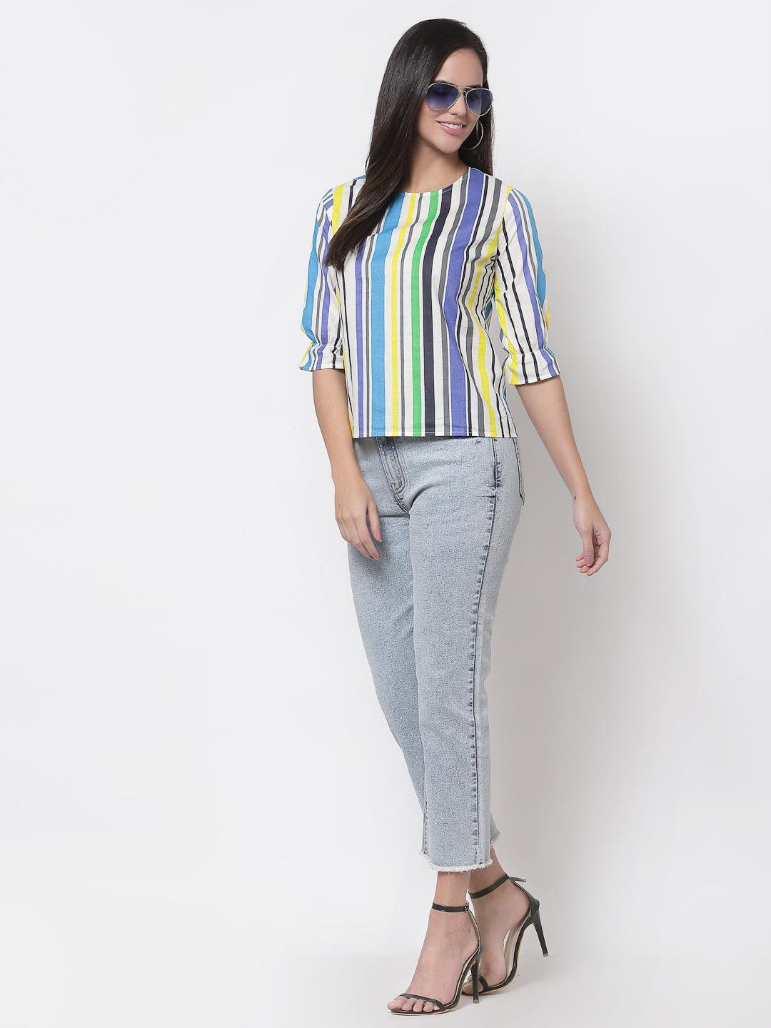 Style Quotient Women White And Multi Stripe Printed Polyester Smart Casual Top-Tops-StyleQuotient