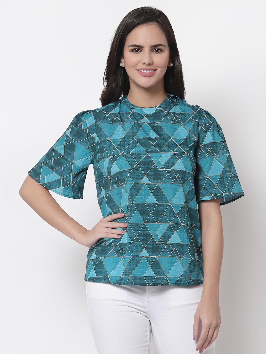 Style Quotient Teal Print Crepe Top-Tops-StyleQuotient