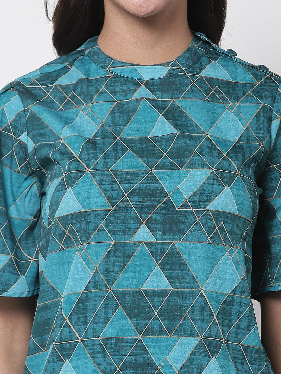 Style Quotient Teal Print Crepe Top-Tops-StyleQuotient