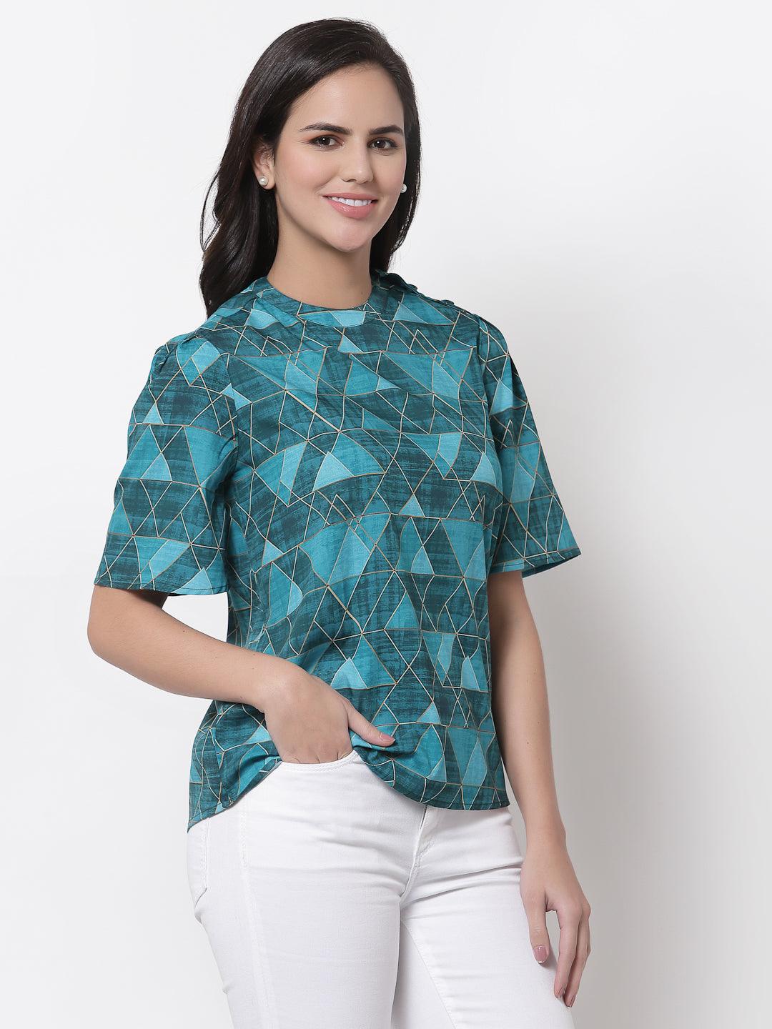 Style Quotient Teal Print Crepe Top-Tops-StyleQuotient