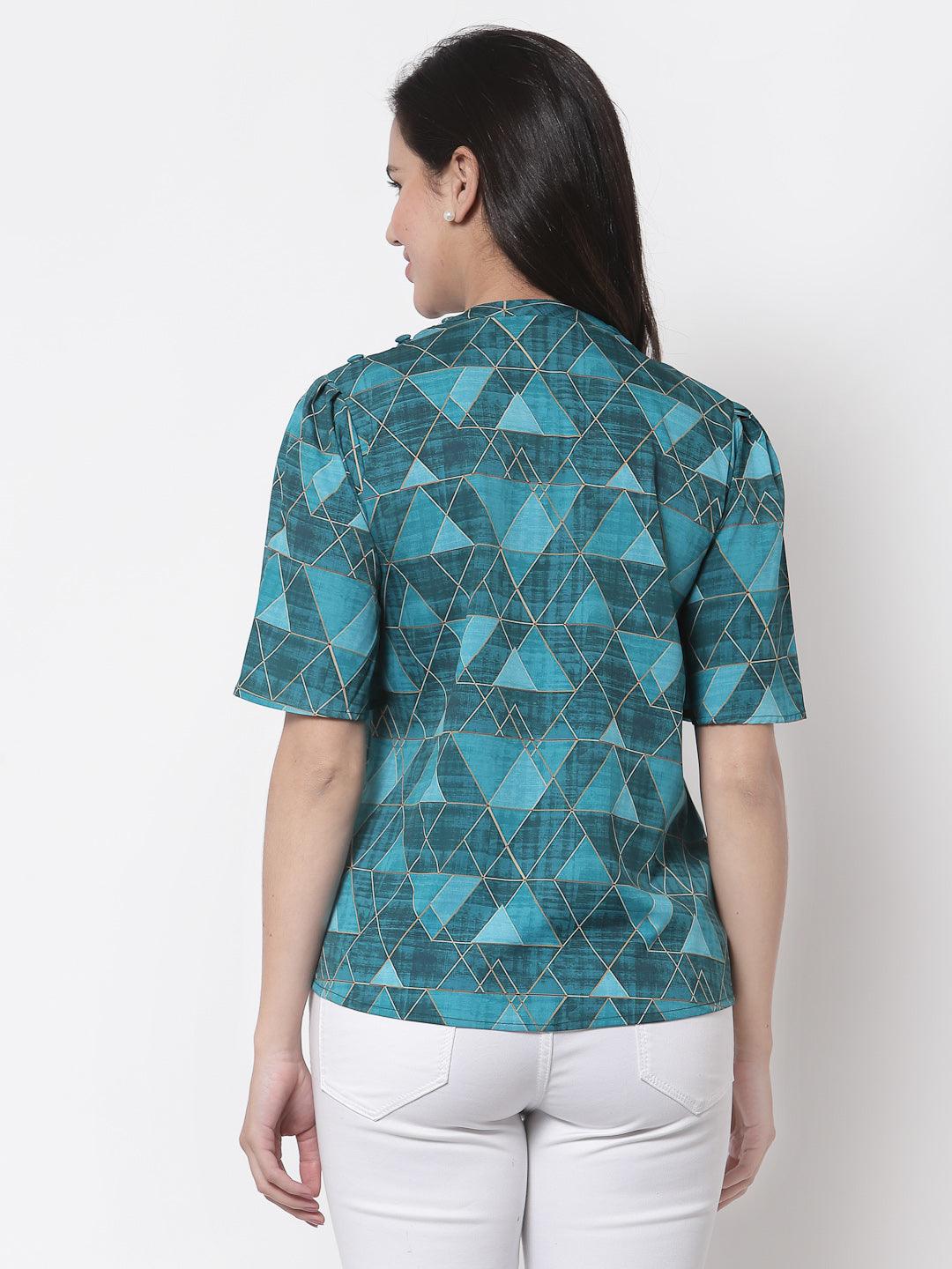 Style Quotient Teal Print Crepe Top-Tops-StyleQuotient