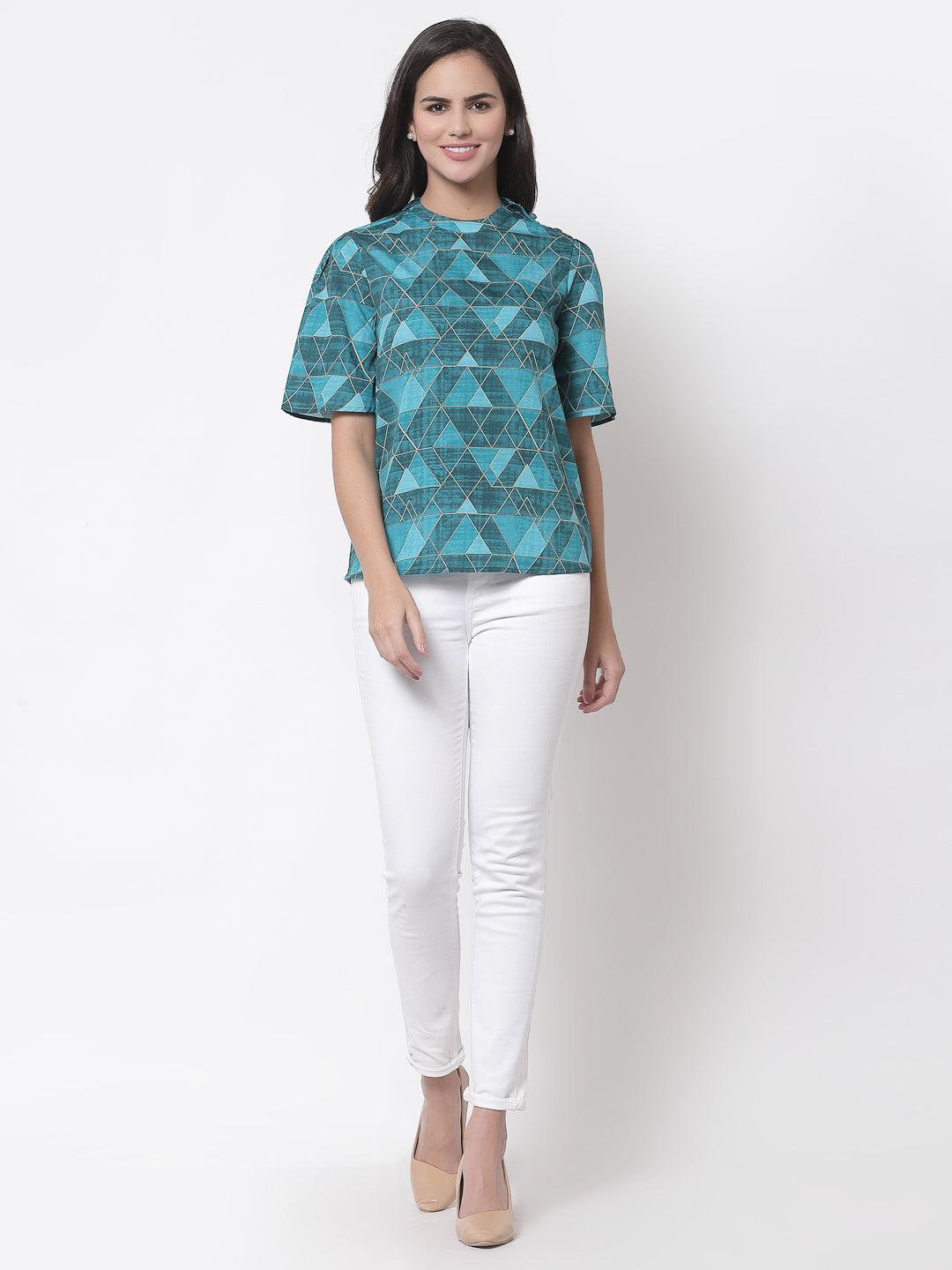 Style Quotient Teal Print Crepe Top-Tops-StyleQuotient