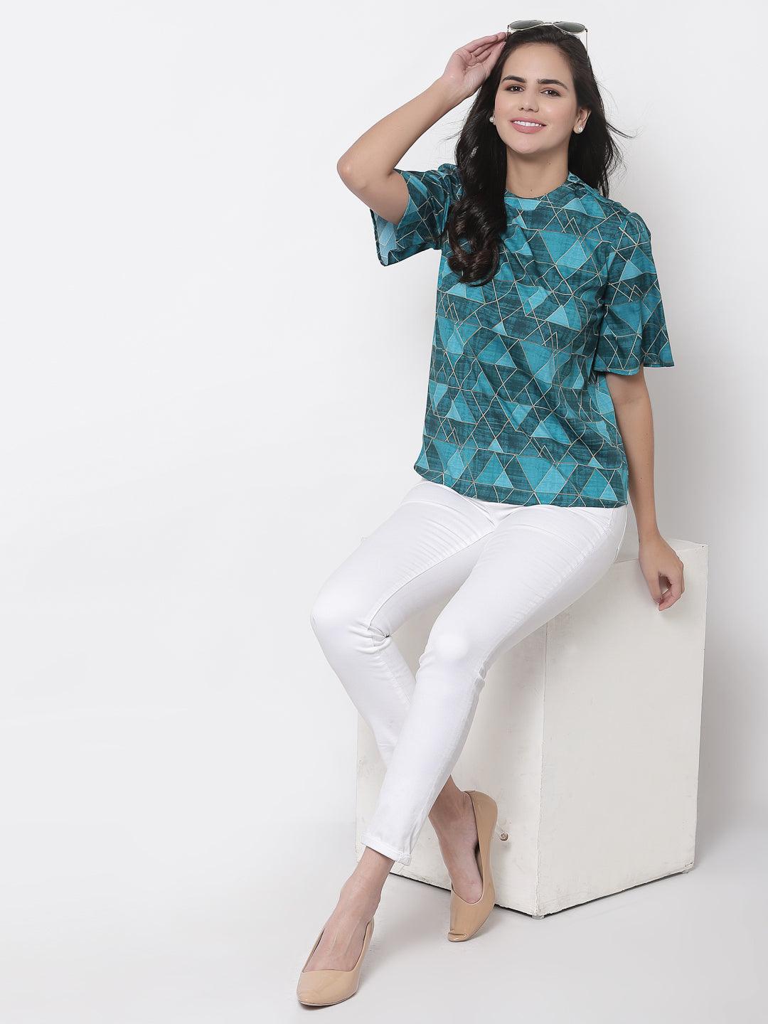 Style Quotient Teal Print Crepe Top-Tops-StyleQuotient