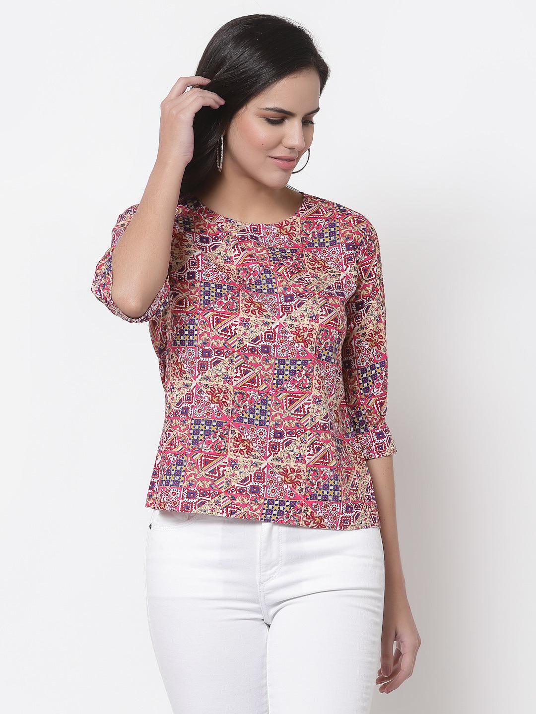 Style Quotient Women Pink And Multi Ethnic Printed Polyester Smart Casual Top-Tops-StyleQuotient