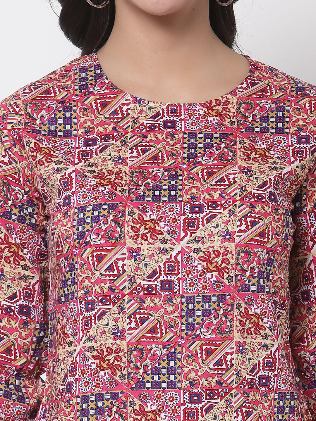 Style Quotient Women Pink And Multi Ethnic Printed Polyester Smart Casual Top-Tops-StyleQuotient