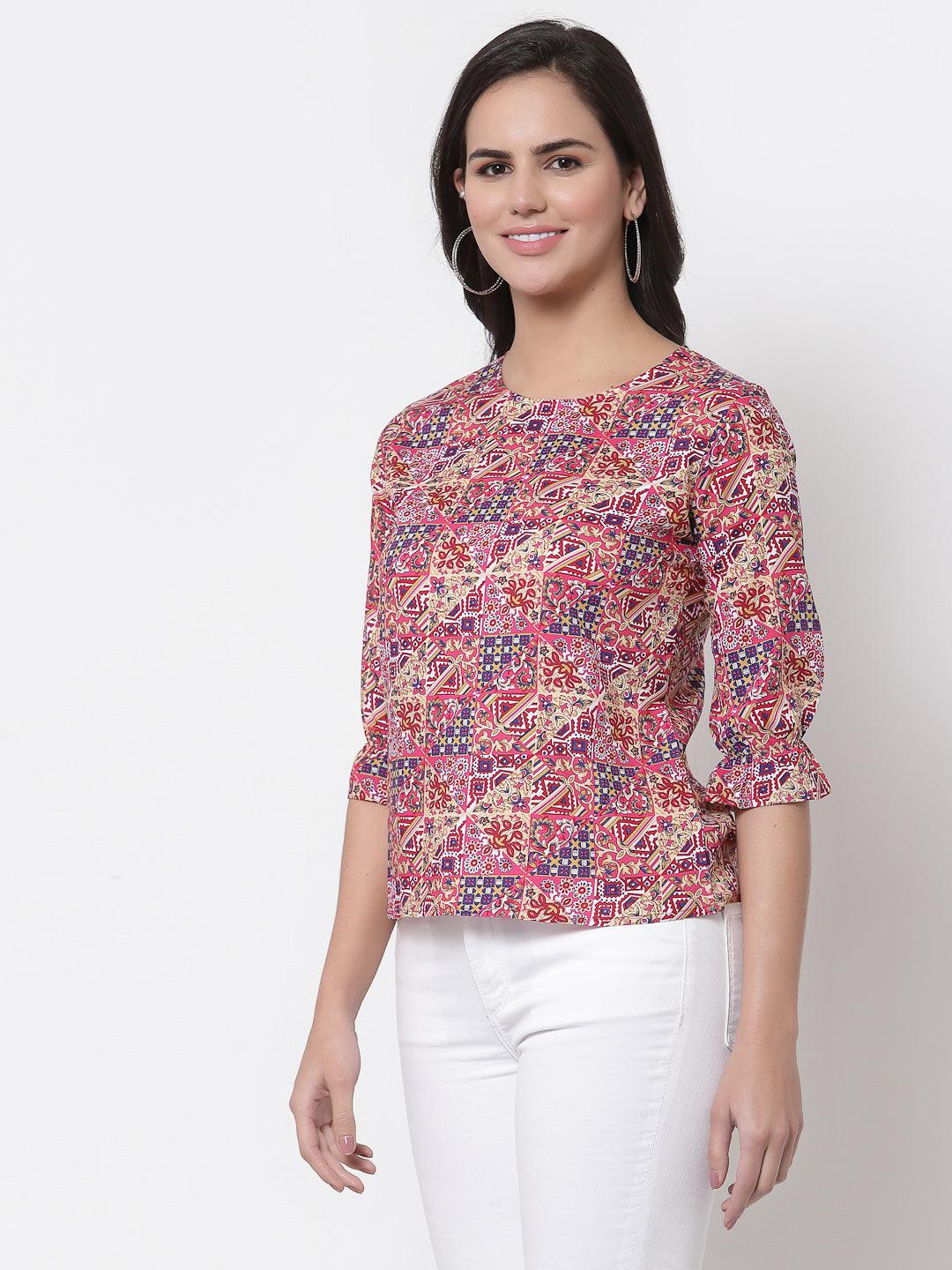 Style Quotient Women Pink And Multi Ethnic Printed Polyester Smart Casual Top-Tops-StyleQuotient