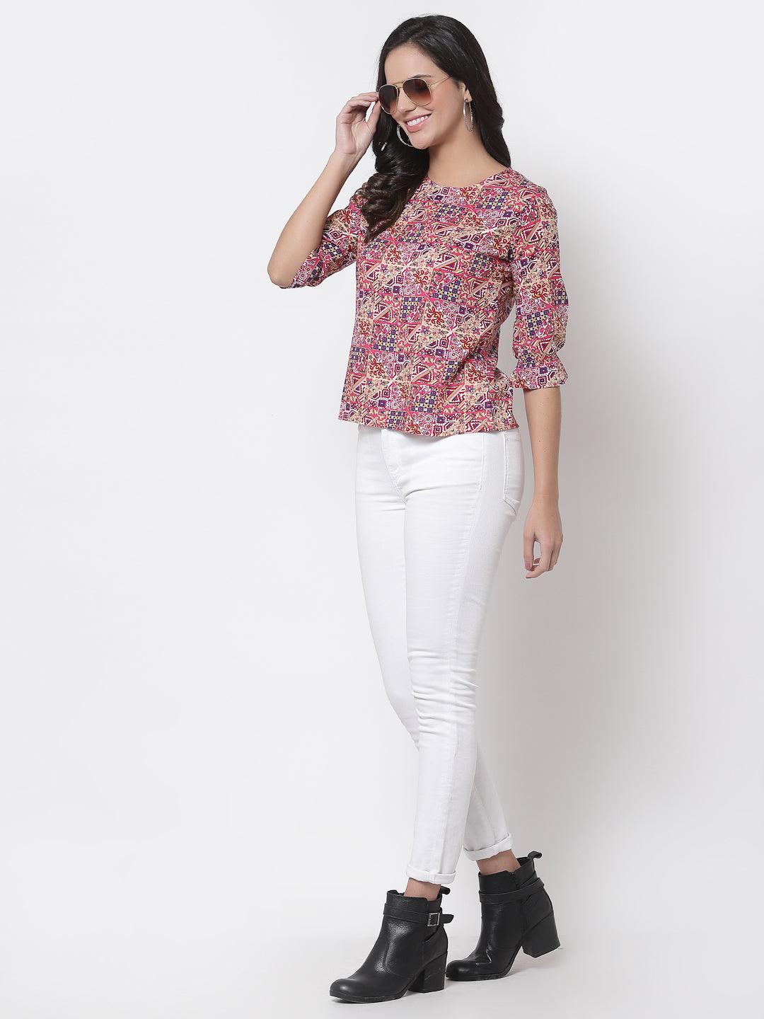 Style Quotient Women Pink And Multi Ethnic Printed Polyester Smart Casual Top-Tops-StyleQuotient