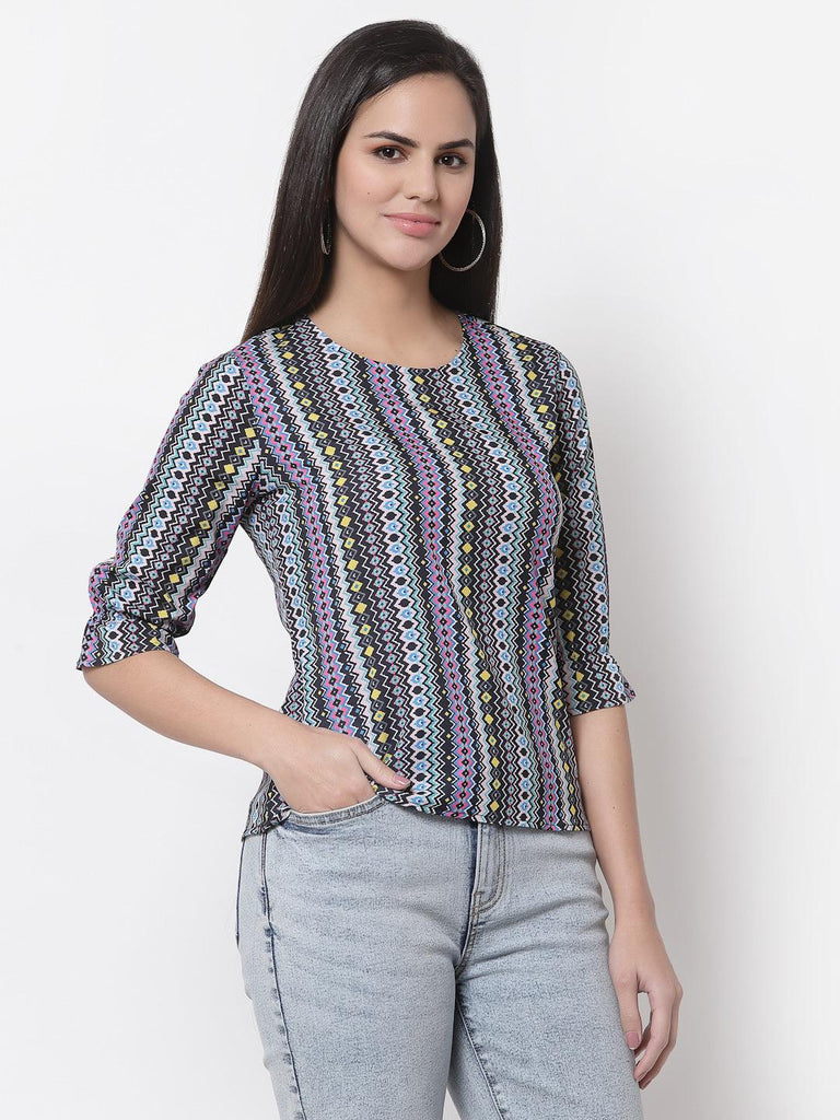 Style Quotient Women Black And Multi Geometric Printed Polyester Smart Casual Top-Tops-StyleQuotient