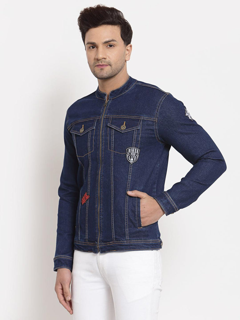 Style Quotient Men Blue Washed Denim Jacket with Patchwork-Men's Jackets-StyleQuotient