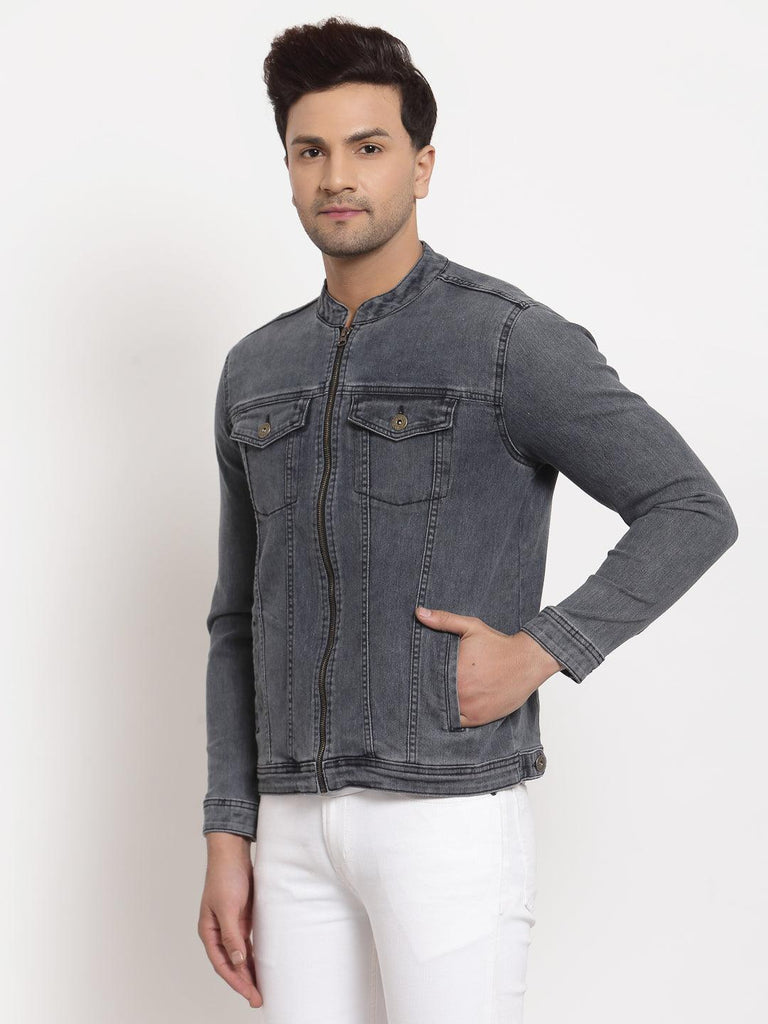 Style Quotient Men Grey Washed Crop Denim Jacket-Men's Jackets-StyleQuotient