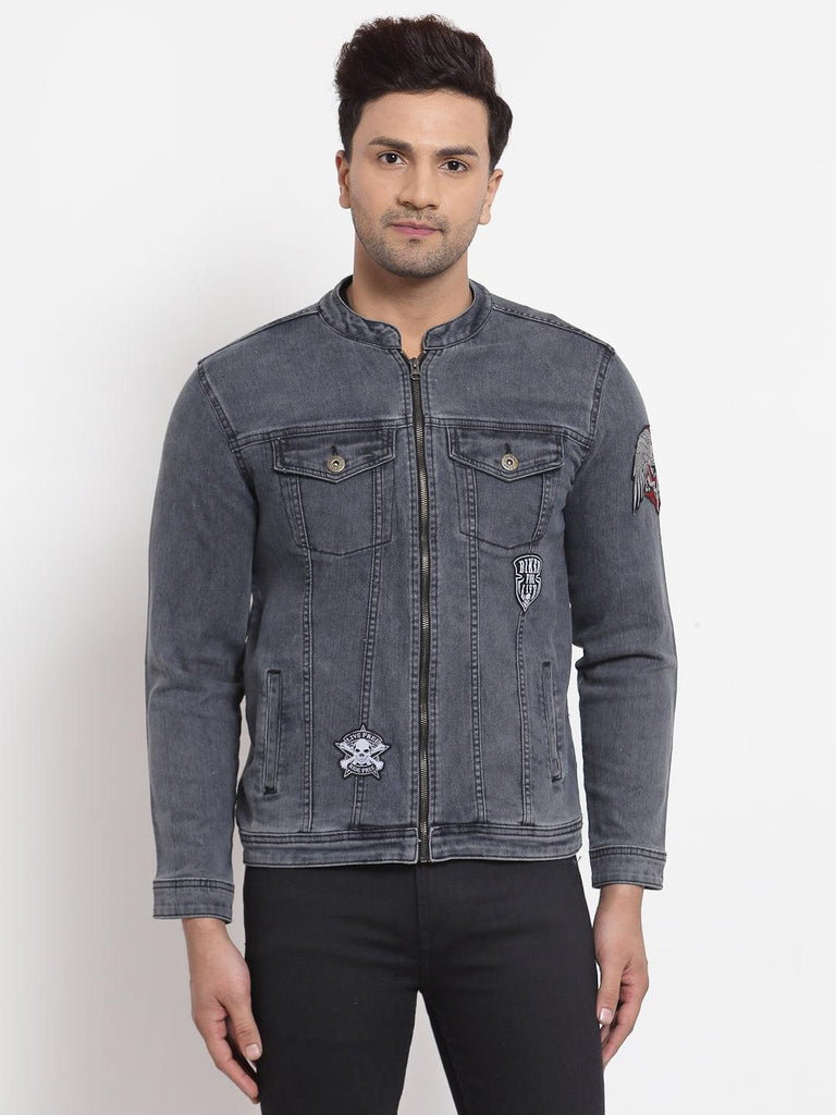 Style Quotient Men Grey Washed Denim Jacket with Embroidered-Men's Jackets-StyleQuotient