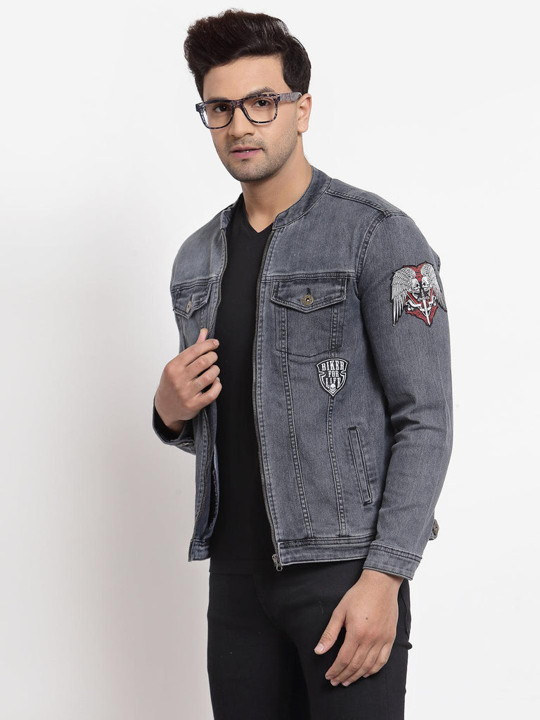 Style Quotient Men Grey Washed Denim Jacket with Embroidered-Men's Jackets-StyleQuotient