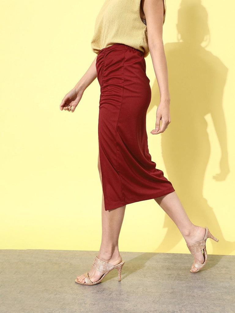 Women Solid Ruched Straight Side-Slit Midi Skirt-Skirts-StyleQuotient