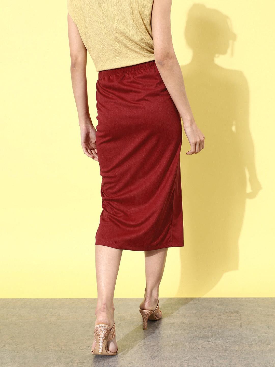 Women Solid Ruched Straight Side-Slit Midi Skirt-Skirts-StyleQuotient