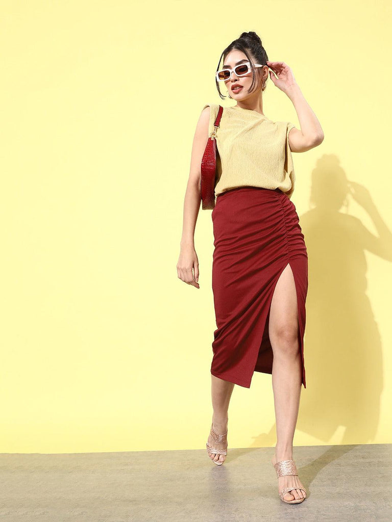 Women Solid Ruched Straight Side-Slit Midi Skirt-Skirts-StyleQuotient