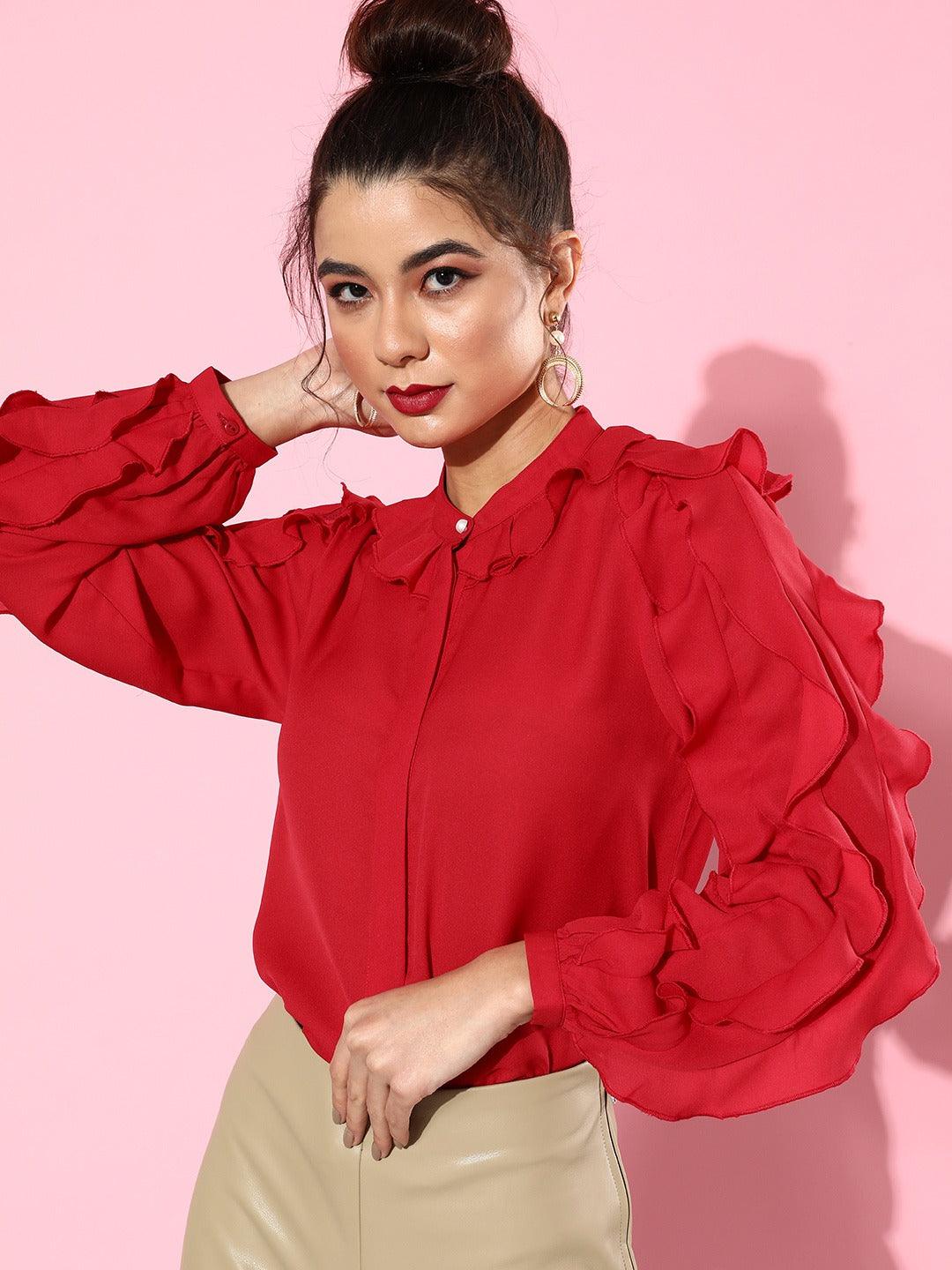 Style Quotient Women Red Polyester Smart Casual Ruffled Top-Shirts-StyleQuotient