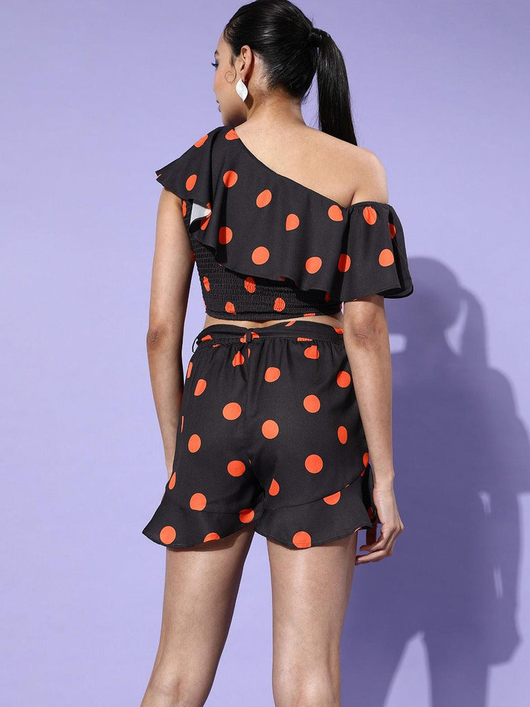 Women Coral Polka Dot Print Smocked Top with Shorts-Co-Ords-StyleQuotient