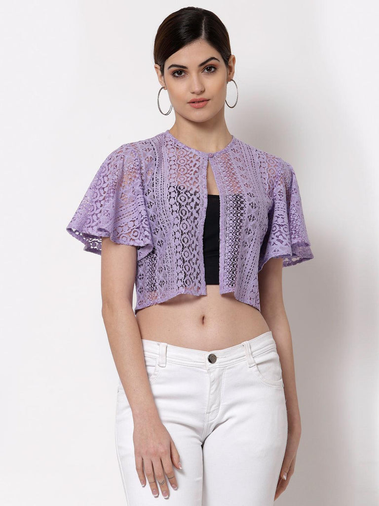 Style Quotient Women Lilac Self Design Lace Open Front Smart Casual Shrug-Shrug-StyleQuotient