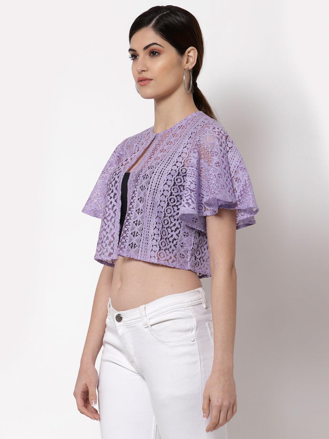 Style Quotient Women Lilac Self Design Lace Open Front Smart Casual Shrug-Shrug-StyleQuotient